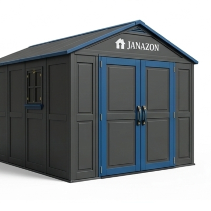 Janazon 15 Ft x 8 Ft Outdoor Storage Shed with Dual Entry, Rough Cut Wood-Look Finish & Built-In Shelving System 109 Sq. Ft.